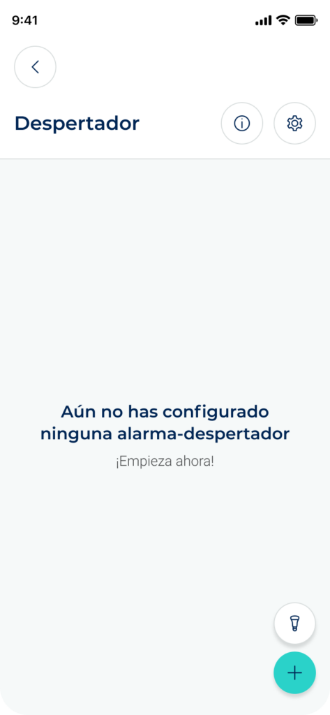 Lista de despertadores vacía con el botón +