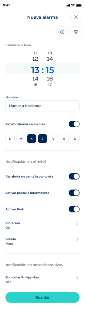 Pantalla para crear un despertador