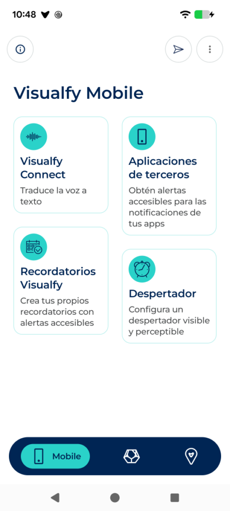 Pestaña Mobile con las 4 tarjetas de funcionalidades