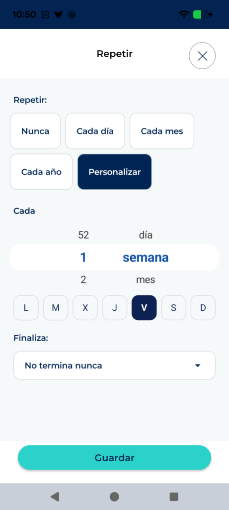 Pantalla “Repetir” en modo Personalizar, semanal, con los días marcados