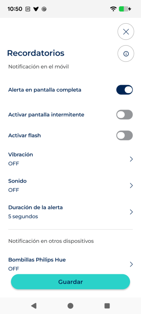 Formulario completo con nombre, fecha, repetir, sonido, duración, vibración, flash y pantalla intermitente