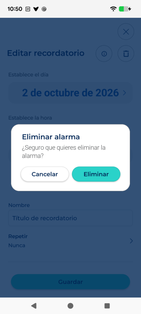Icono de papelera y diálogo de confirmación de borrado