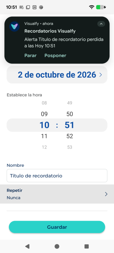 Notificación desplegada con los botones “Posponer” y “Parar”