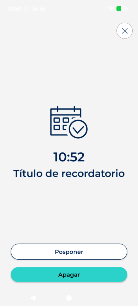 Pantalla completa del recordatorio, con “Posponer” y “Apagar”
