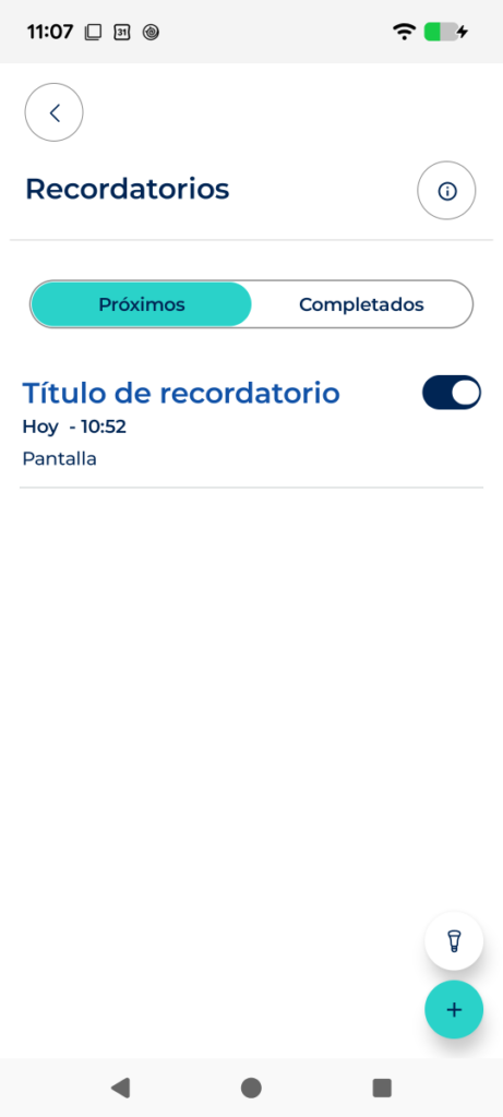 Cabecera de la lista con las pestañas “Próximos” / “Completados”