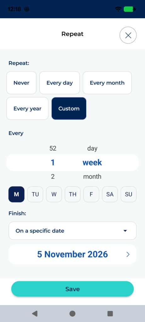 “Repeat” screen in Custom mode, weekly, with the days marked