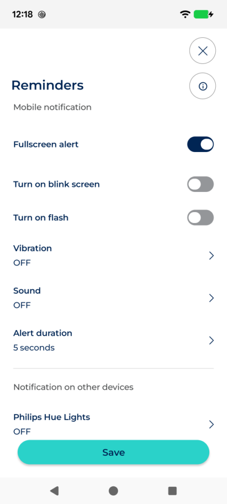 Full form with name, date, repeat, sound, duration, vibration, flash and flashing screen