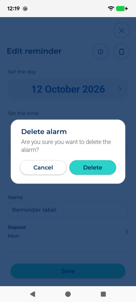 Trash icon and delete confirmation dialog