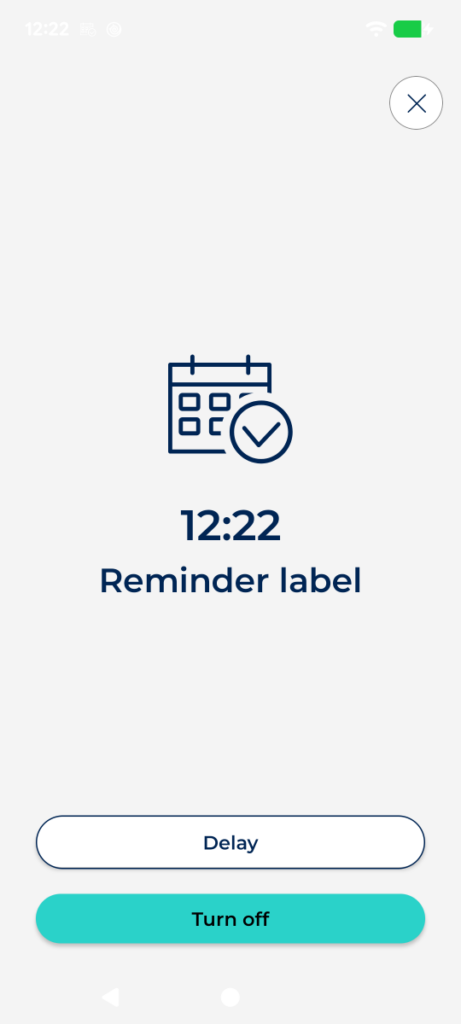 Reminder's full-screen alert, with “Snooze” and “Turn off”